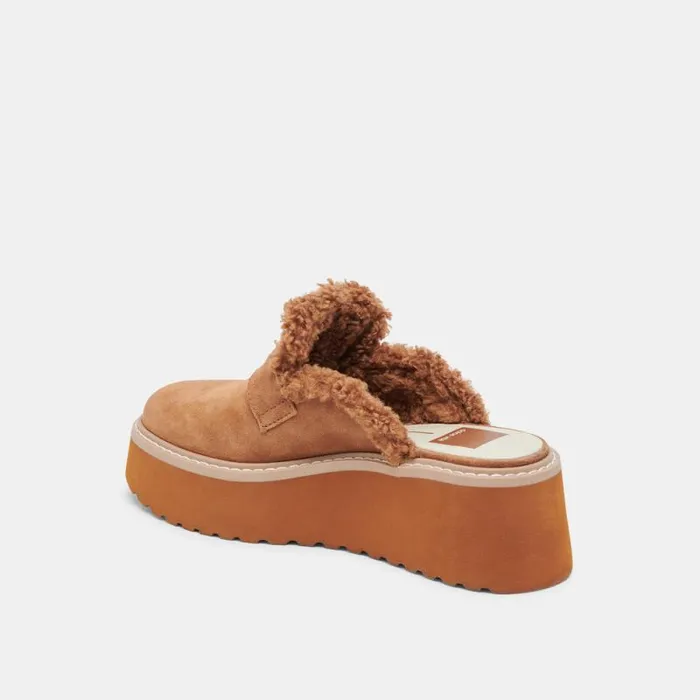 Dolce Vita Lelani Plush Flats Pecan Suede Women Mules and Clogs