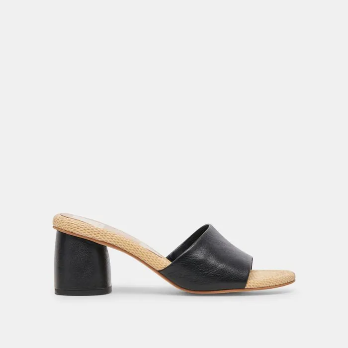 Dolce Vita Minny Raffia Heels Black Leather Women Sandals