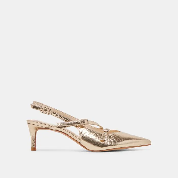 Dolce Vita Pamla Mid Wide Heels Light Gold Distressed Leather Women Heels