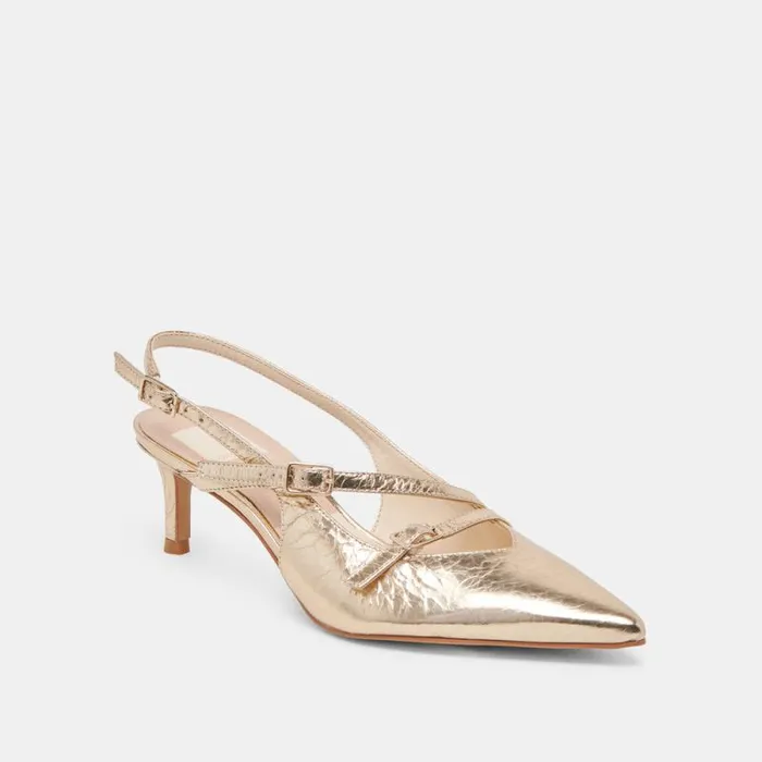Dolce Vita Pamla Mid Wide Heels Light Gold Distressed Leather Women Heels