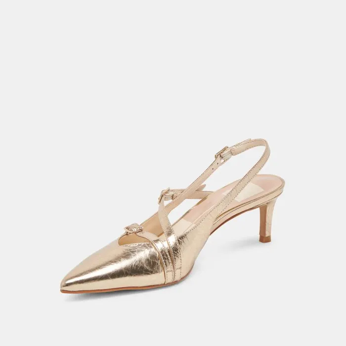 Dolce Vita Pamla Mid Wide Heels Light Gold Distressed Leather Women Heels