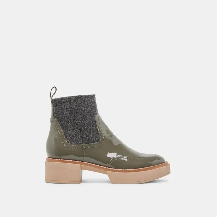 Dolce Vita Saline H2O Booties Dark Olive Crinkle Patent Women Boots and Booties