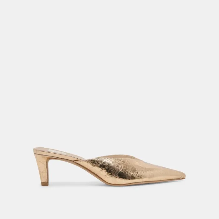 Dolce Vita Sarina Heels Gold Distressed Leather Women Mules and Clogs
