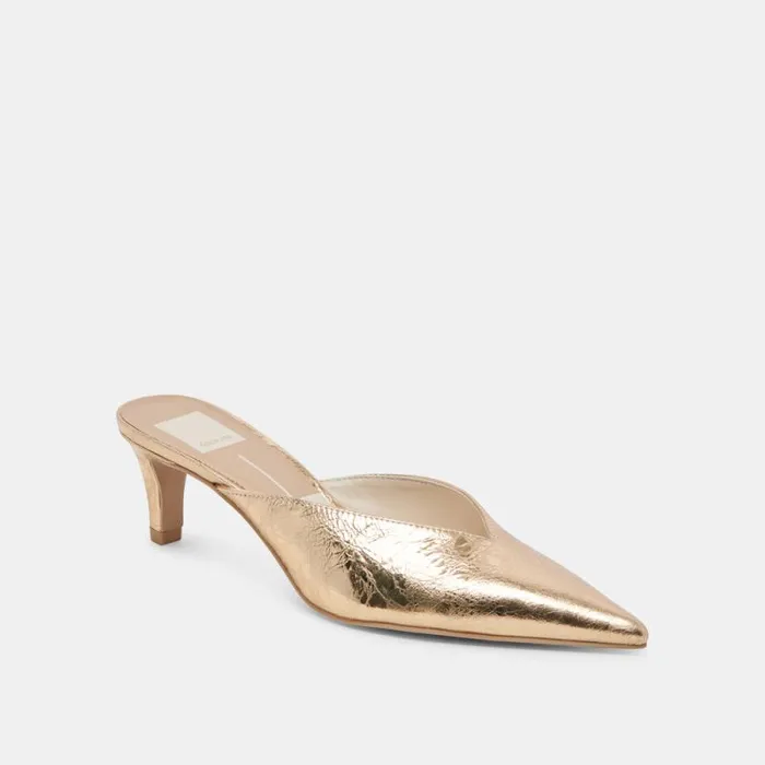 Dolce Vita Sarina Heels Gold Distressed Leather Women Mules and Clogs