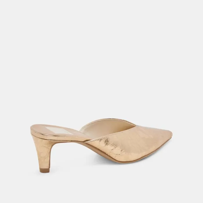 Dolce Vita Sarina Heels Gold Distressed Leather Women Mules and Clogs