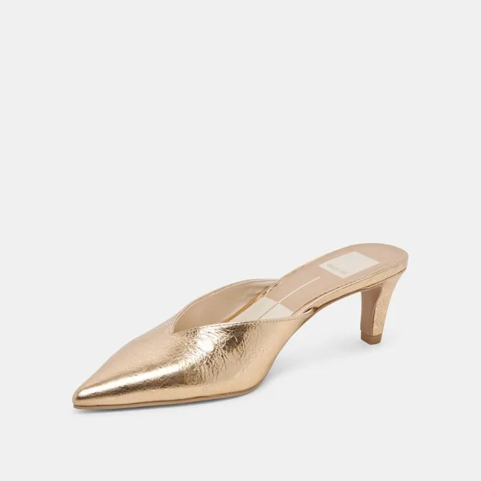 Dolce Vita Sarina Heels Gold Distressed Leather Women Mules and Clogs