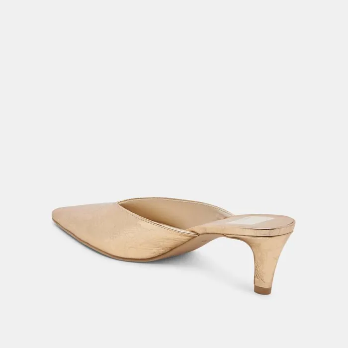 Dolce Vita Sarina Heels Gold Distressed Leather Women Mules and Clogs