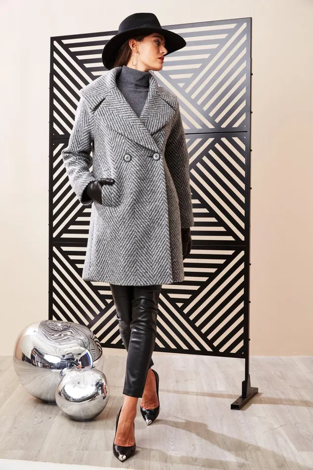 Elie Tahari Coats Herringbone Brushed Double Breasted Coat Black Multi 8211 Women