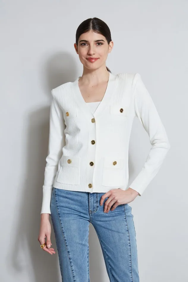 Elie Tahari Knits and Sweaters Rib Button Sweater Foam 8211 Women