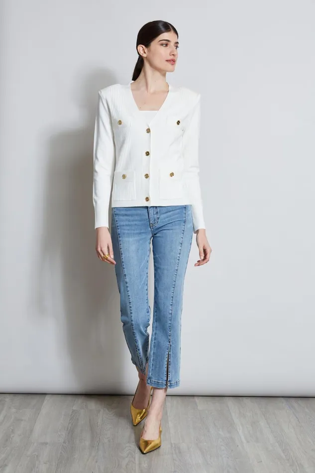 Elie Tahari Knits and Sweaters Rib Button Sweater Foam 8211 Women