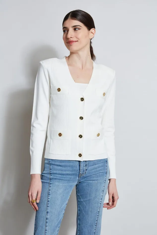 Elie Tahari Knits and Sweaters Rib Button Sweater Foam 8211 Women