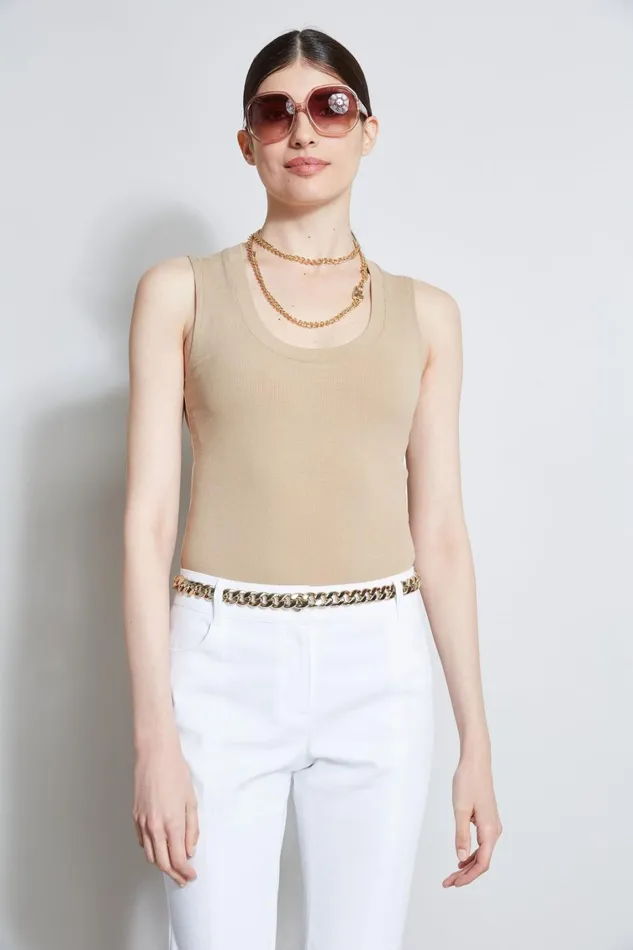 Elie Tahari Knits and Sweaters Rib Knit Scoop Tank Top Sandcastle 8211 Women