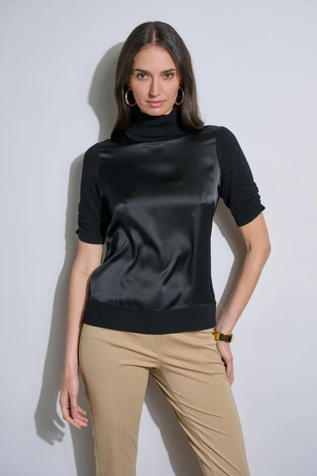 Elie Tahari Knits and Sweaters Short Sleeve Satin Front Sweater Black 8211 Women