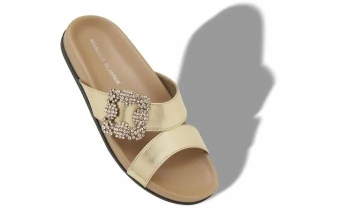 Flats Women Manolo Blahnik CHILANGHIGold Nappa Leather Jewel Buckle Flat Mules Flats Women Manolo Blahnik CHILANGHIGold Nappa Leather Jewel Buckle Flat Mules