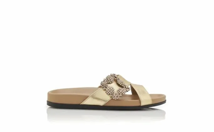 Flats Women Manolo Blahnik CHILANGHIGold Nappa Leather Jewel Buckle Flat Mules