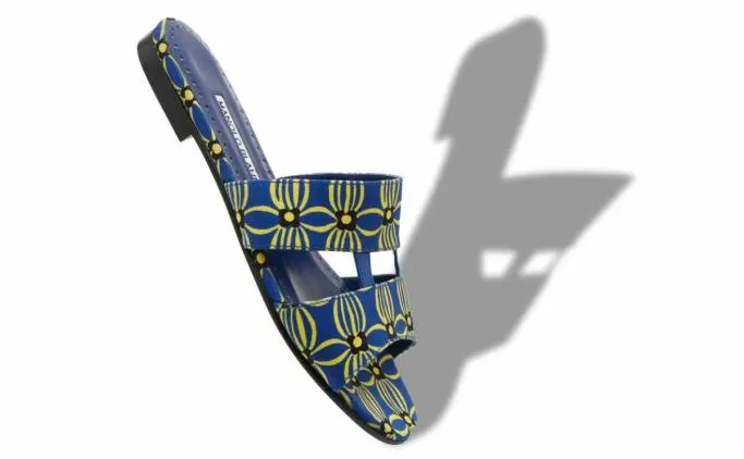 Flats Women Manolo Blahnik CHUSBlue And Yellow Canvas Floral Sandals