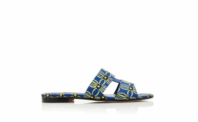 Flats Women Manolo Blahnik CHUSBlue And Yellow Canvas Floral Sandals Flats Women Manolo Blahnik CHUSBlue And Yellow Canvas Floral Sandals
