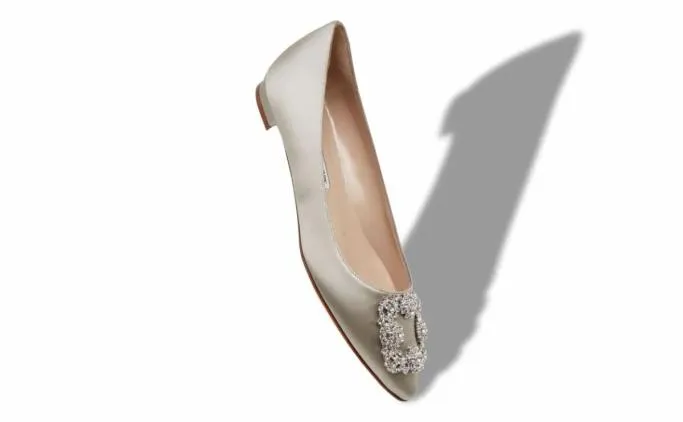 Flats Women Manolo Blahnik HANGISIFLATGrey Satin Jewel Buckle Flat Pumps