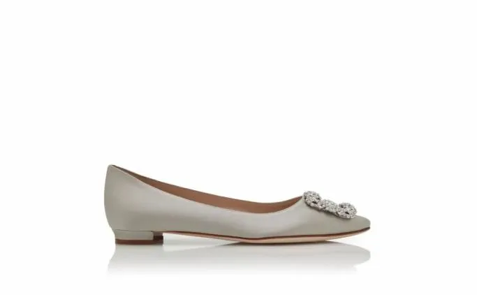 Flats Women Manolo Blahnik HANGISIFLATGrey Satin Jewel Buckle Flat Pumps Flats Women Manolo Blahnik HANGISIFLATGrey Satin Jewel Buckle Flat Pumps