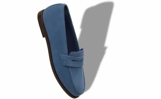 Flats Women Manolo Blahnik PERRITABright Blue Suede Penny Loafers