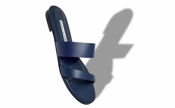 Flats Women Manolo Blahnik SERRATONavy Blue Calf Leather Flat Sandals