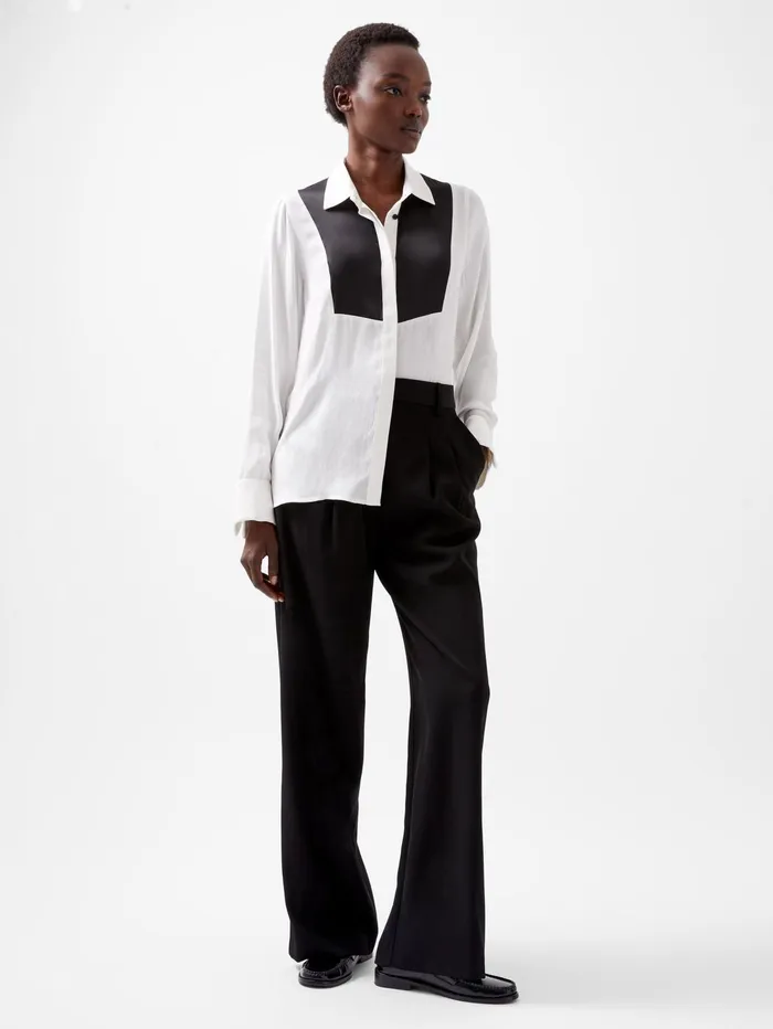 French Connection Chiara Drape Satin Contrast Long Sleeve Shirt Linen WhiteBlackout Woman Tops