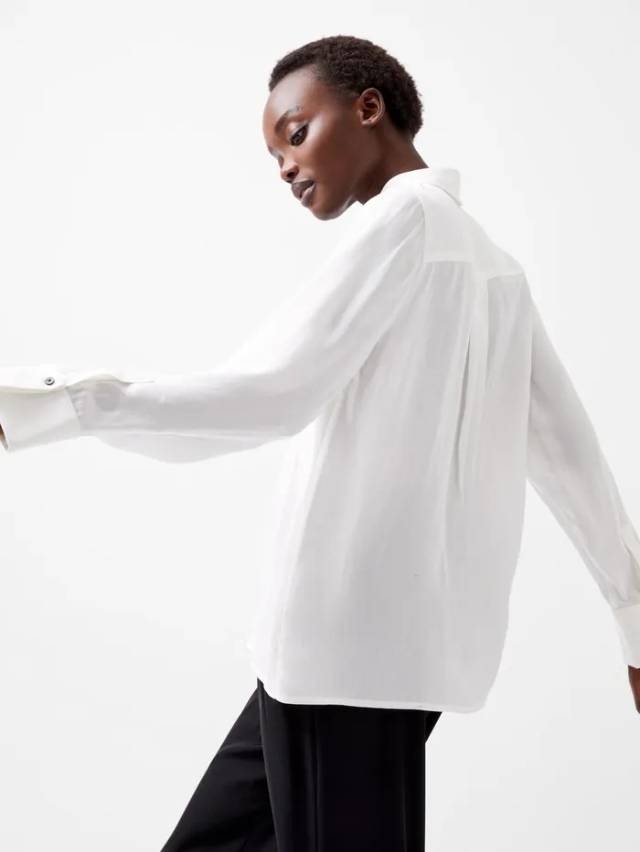 French Connection Chiara Drape Satin Contrast Long Sleeve Shirt Linen WhiteBlackout Woman Tops