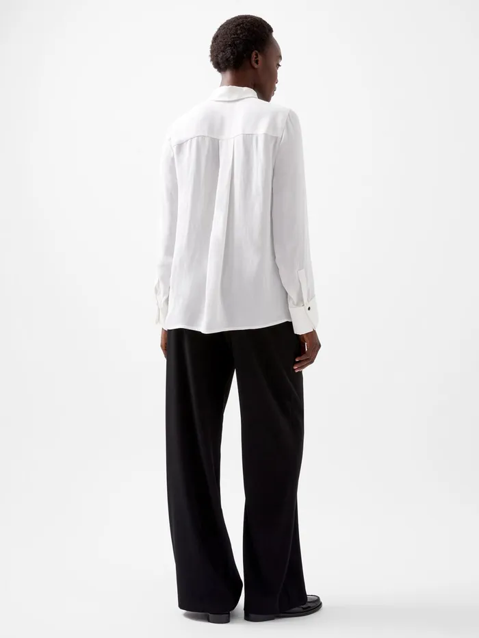 French Connection Chiara Drape Satin Contrast Long Sleeve Shirt Linen WhiteBlackout Woman Tops