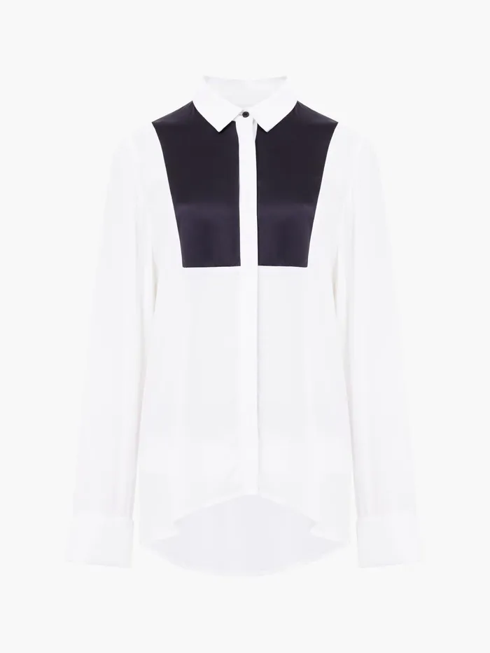 French Connection Chiara Drape Satin Contrast Long Sleeve Shirt Linen WhiteBlackout Woman Tops