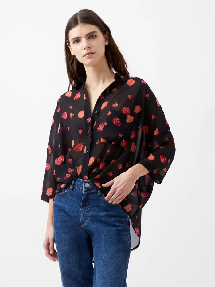 French Connection Ella Rose Twist Front Shirt Marine Multi Woman Tops