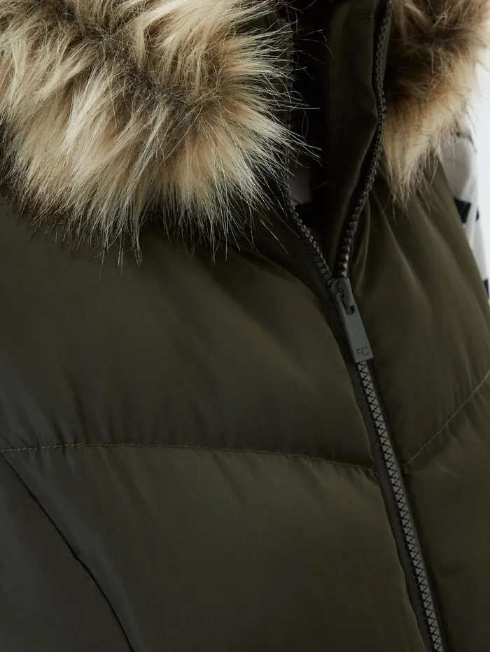 French Connection Faux Fur Hooded Chevron Gilet Khaki Woman Coats and Jackets