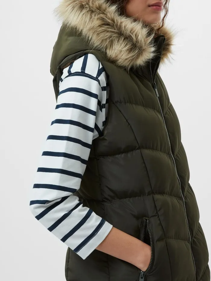 French Connection Faux Fur Hooded Chevron Gilet Khaki Woman Coats and Jackets