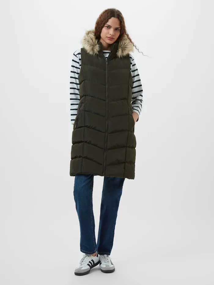 French Connection Faux Fur Hooded Chevron Gilet Khaki Woman Coats and Jackets