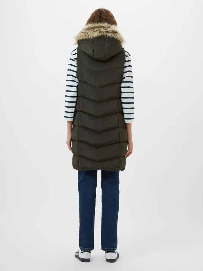 French Connection Faux Fur Hooded Chevron Gilet Khaki Woman Coats and Jackets