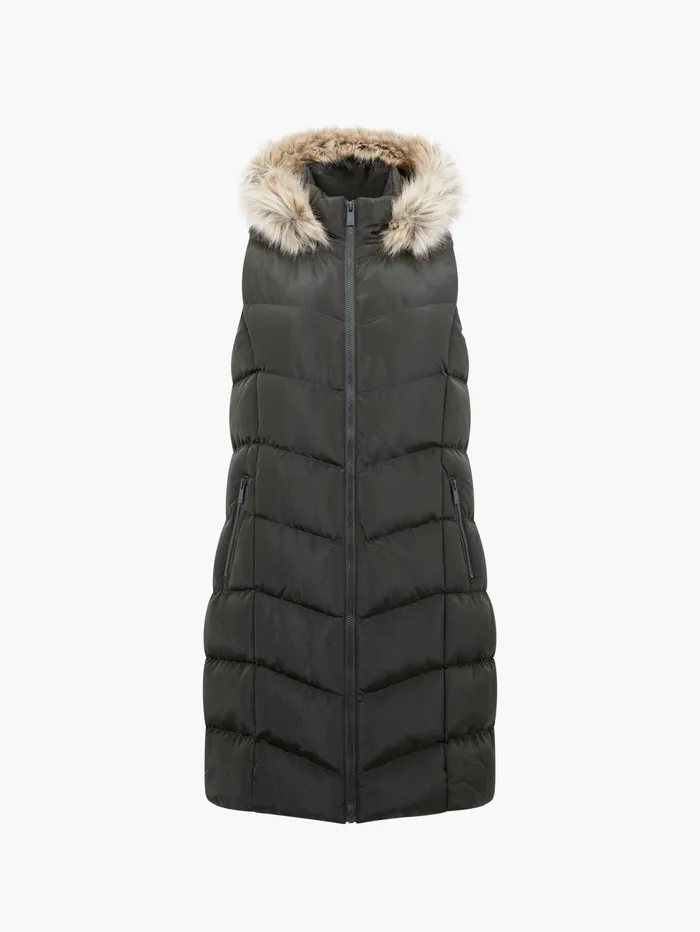 French Connection Faux Fur Hooded Chevron Gilet Khaki Woman Coats and Jackets