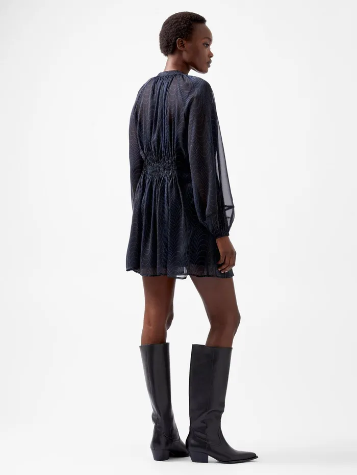 French Connection Grace Artemis Long Sleeve Ruffle Mini Dress BlackoutChrome Blue Woman Dresses