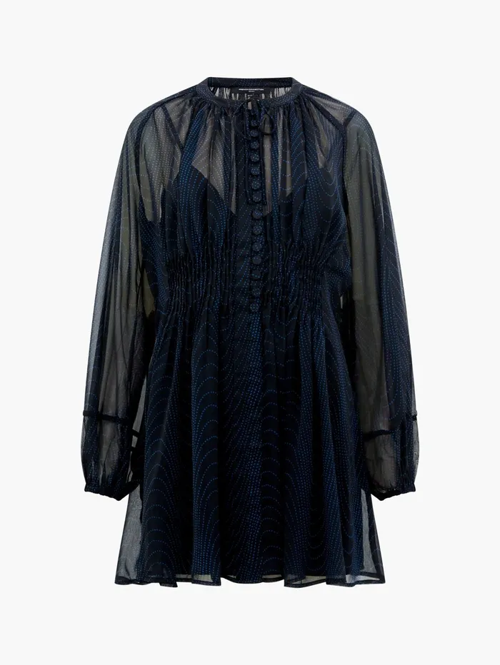 French Connection Grace Artemis Long Sleeve Ruffle Mini Dress BlackoutChrome Blue Woman Dresses