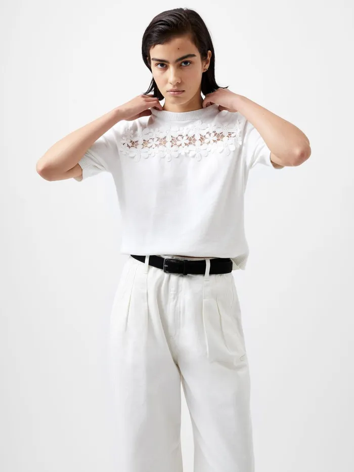French Connection Jilly Cobalo Lace Short Sleeve Top Linen White Woman Tops