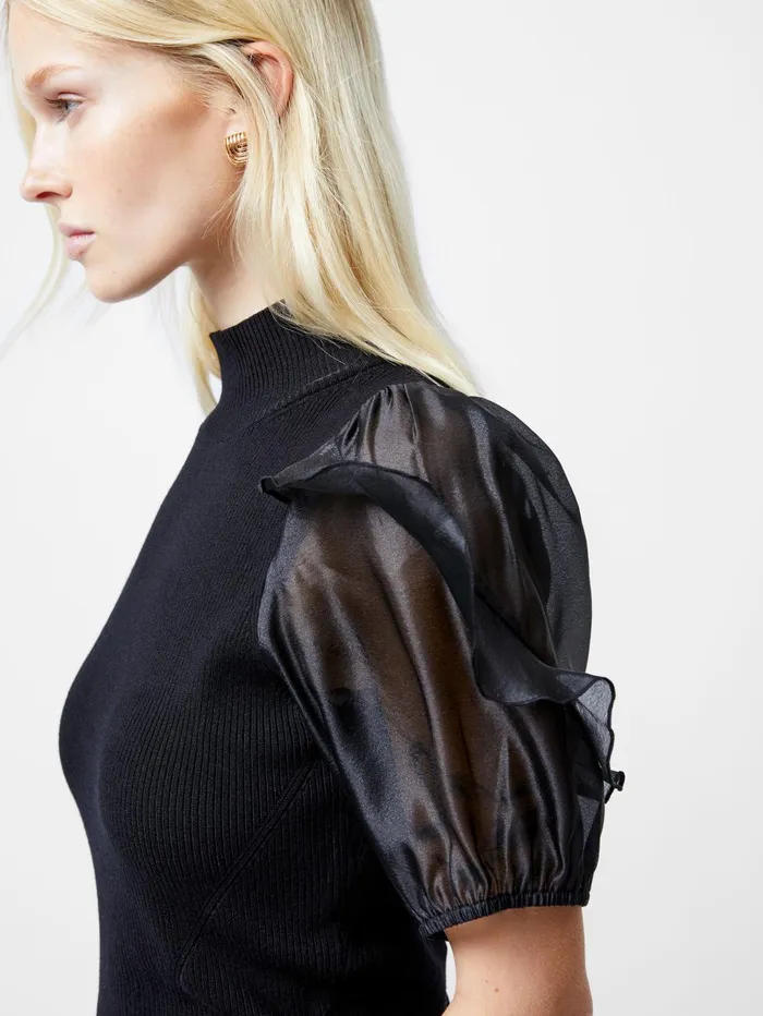 French Connection Kristine Organza Short Puff Sleeve Top Black Woman Jumpers and Cardigans