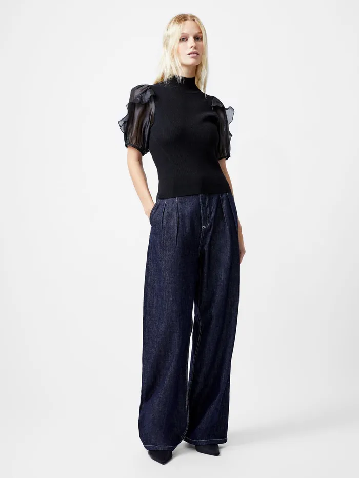 French Connection Kristine Organza Short Puff Sleeve Top Black Woman Jumpers and Cardigans