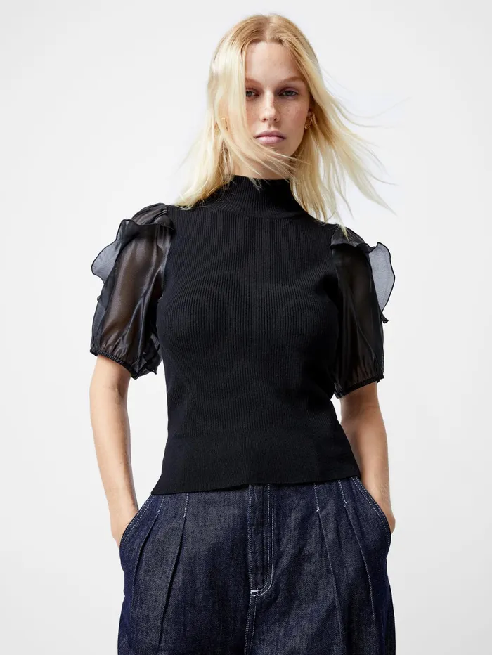 French Connection Kristine Organza Short Puff Sleeve Top Black Woman Jumpers and Cardigans