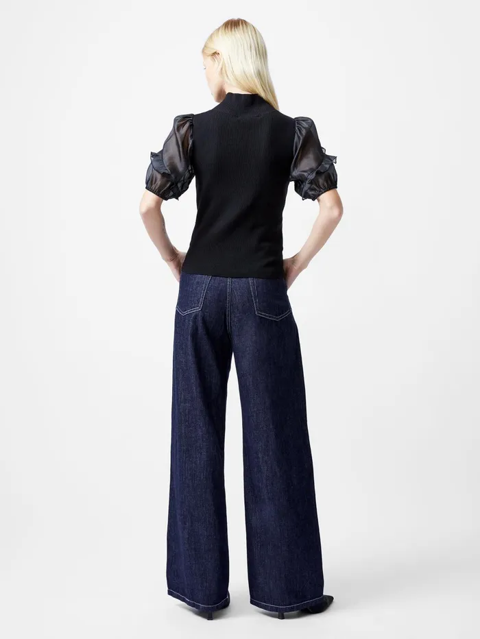 French Connection Kristine Organza Short Puff Sleeve Top Black Woman Jumpers and Cardigans