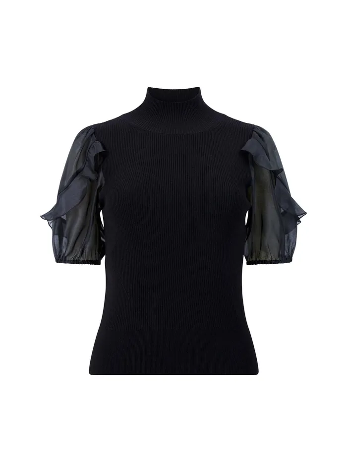 French Connection Kristine Organza Short Puff Sleeve Top Black Woman Jumpers and Cardigans