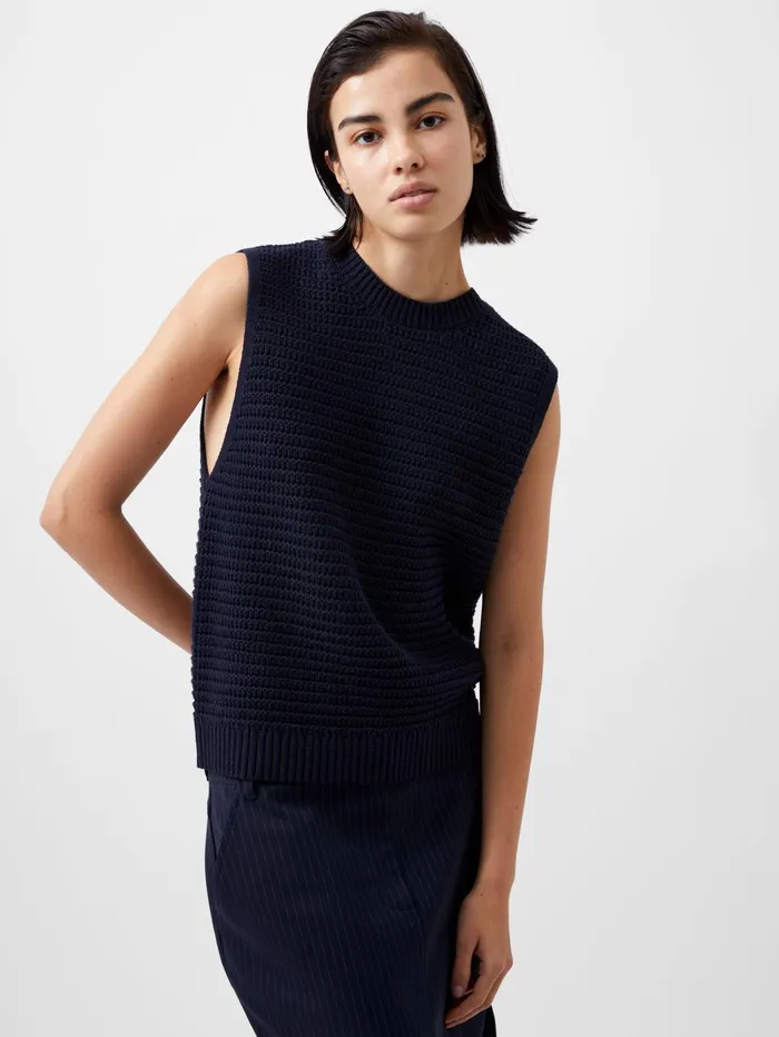 French Connection Manda Open Knit Vest Marine Woman Jumpers and Cardigans