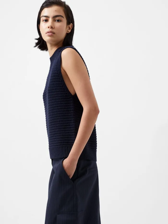 French Connection Manda Open Knit Vest Marine Woman Jumpers and Cardigans