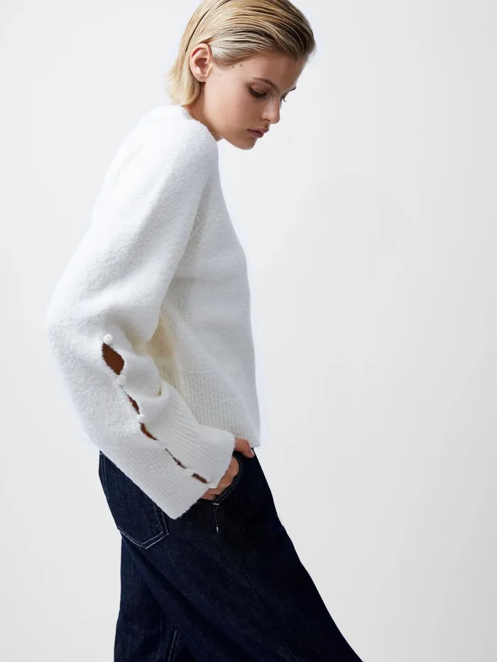 French Connection Melissa Boucle Button Detail Sleeve Jumper Porcelain Cream Woman Jumpers and Cardigans