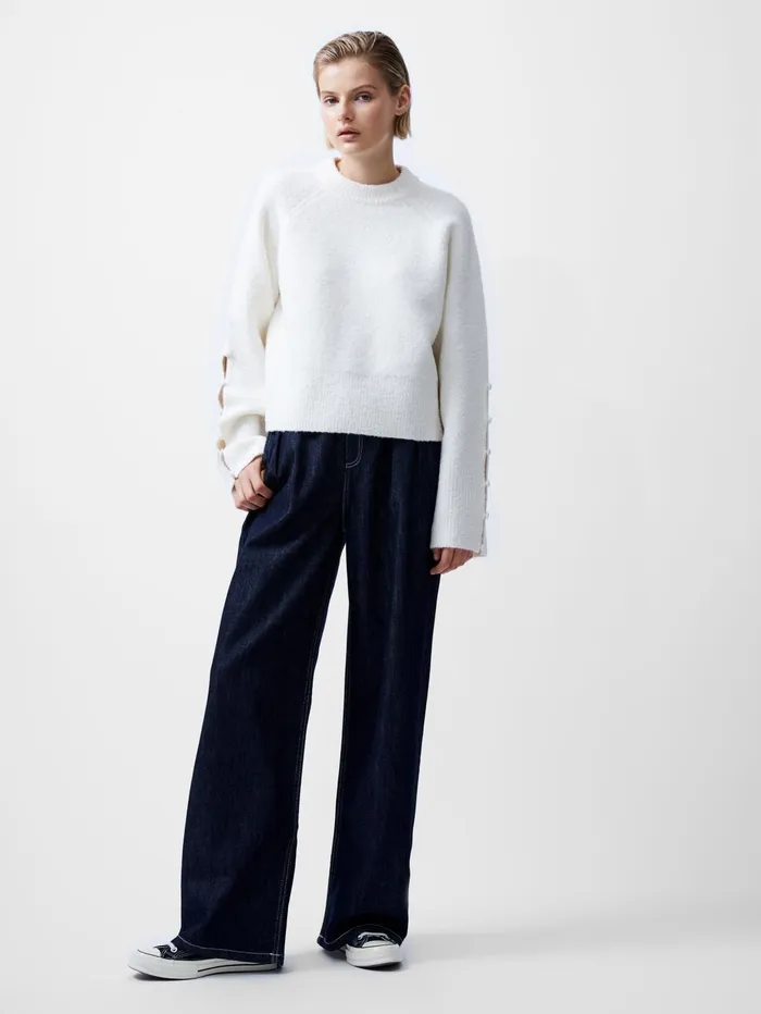 French Connection Melissa Boucle Button Detail Sleeve Jumper Porcelain Cream Woman Jumpers and Cardigans