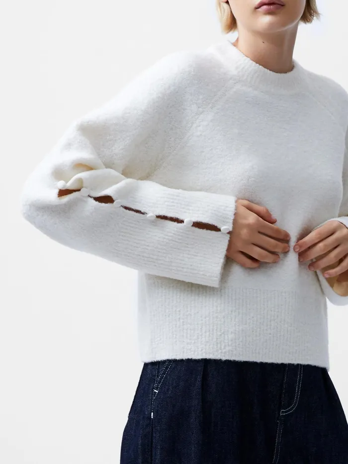 French Connection Melissa Boucle Button Detail Sleeve Jumper Porcelain Cream Woman Jumpers and Cardigans