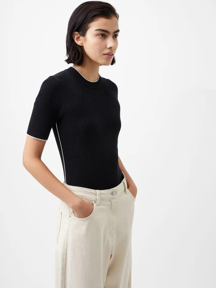 French Connection Mozza Short Sleeve Jumper BlackoutClass Cream Woman Jumpers and Cardigans