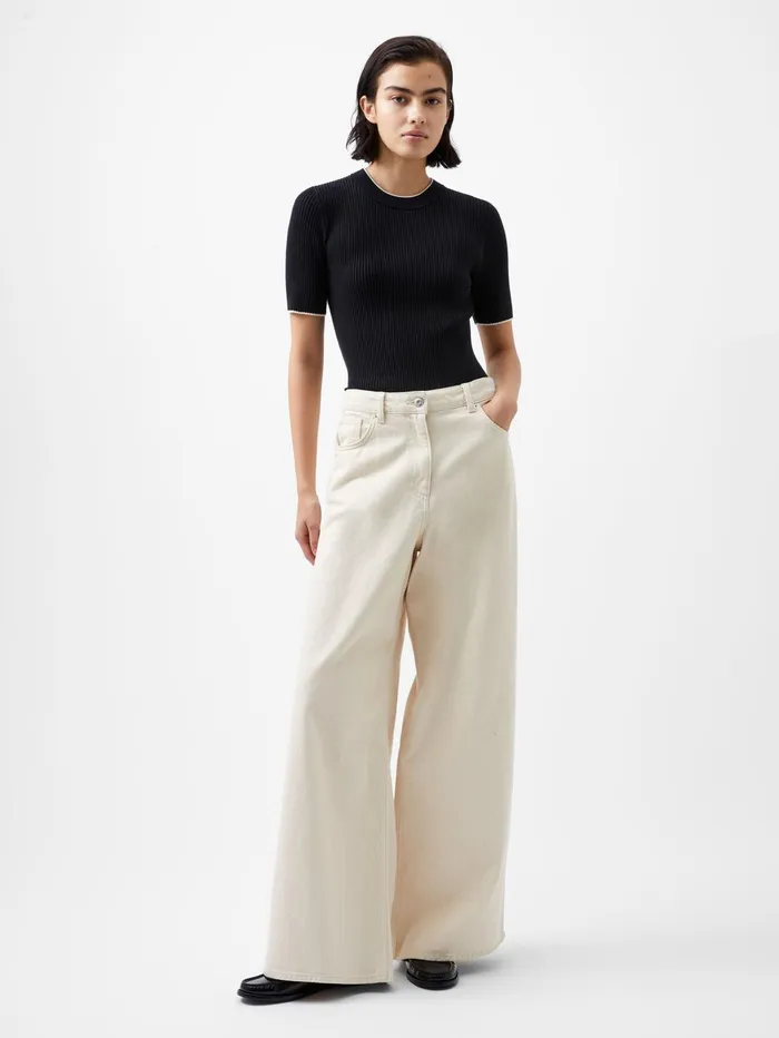 French Connection Mozza Short Sleeve Jumper BlackoutClass Cream Woman Jumpers and Cardigans